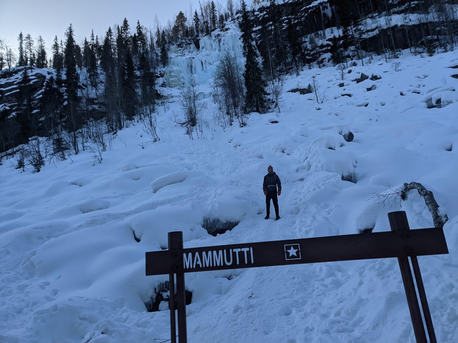 A lone hiker stands at the foot of a towering pale-blue frozen waterfall in the Korouoma canyon, surrounded by deep snow and dark spruce, a trail sign reading MAMMUTTI in front.