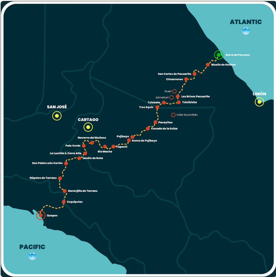 Route map of the Camino de Costa Rica from the Caribbean coast to the Pacific, marking the trail waypoints crossed on the traverse.