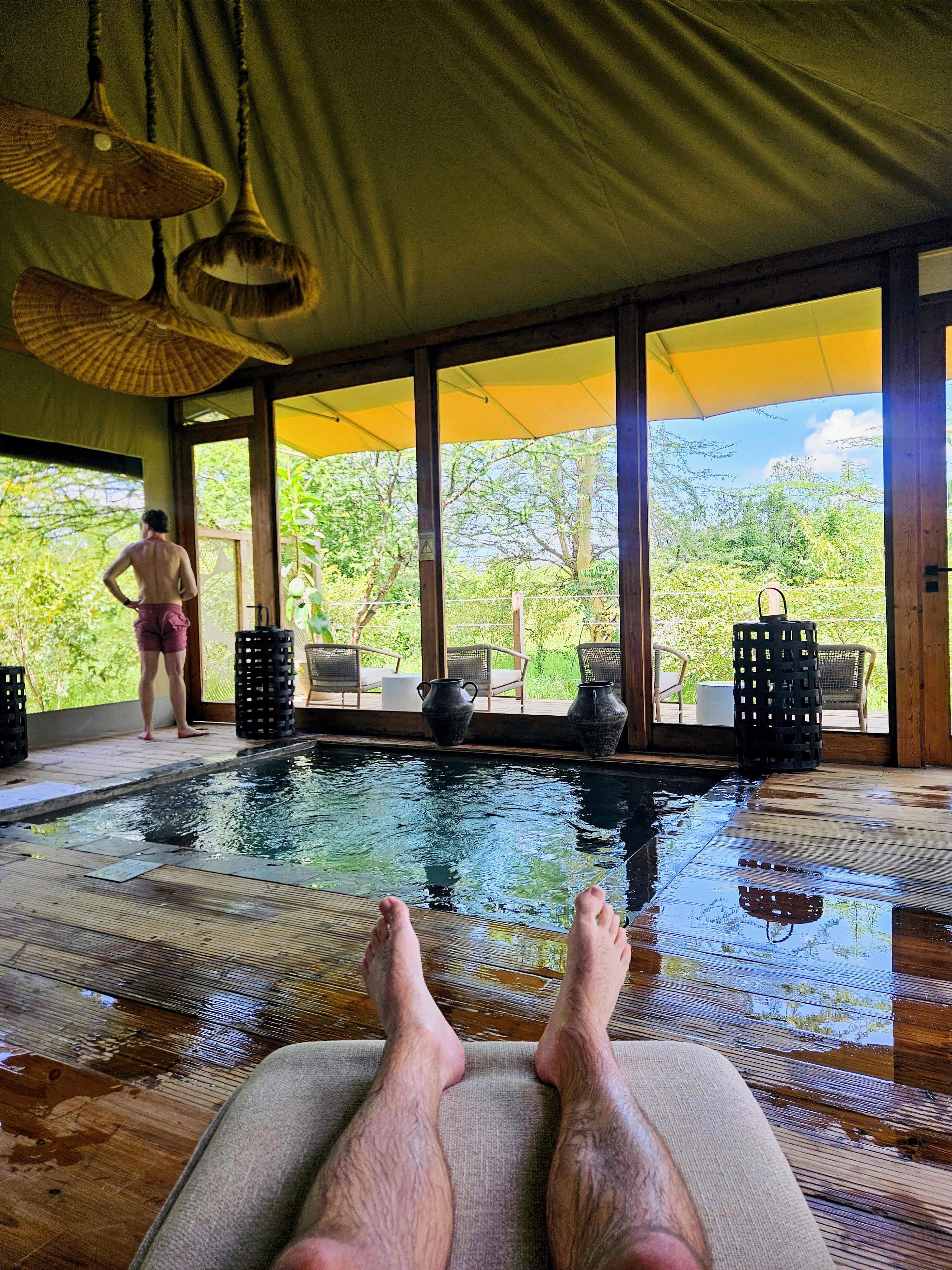 Spa with a cold plunge, steam room, sauna, and massage.